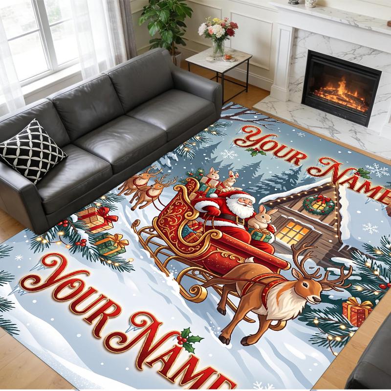 Christmas Custom Name Printed Square Area Rug Soft Non Slip Floor Carpet For Bedroom Holiday Gift