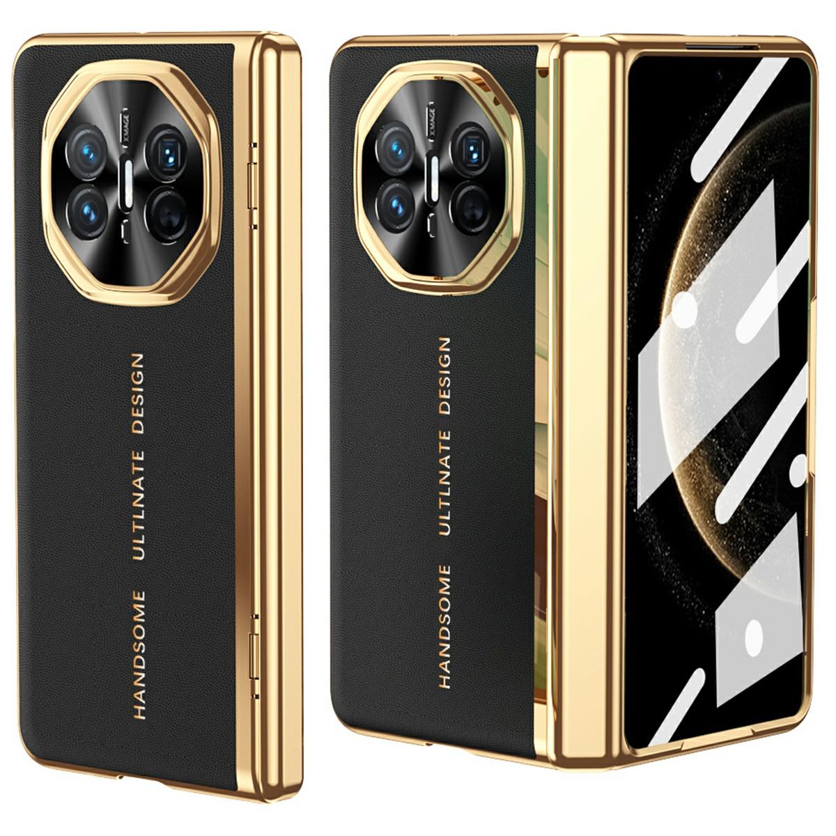 

Чехол для Huawei Mate X6 из ПУ кожи+ПК с гальваническим покрытием, чехол для телефона с защитной пленкой из закаленного стекла Black