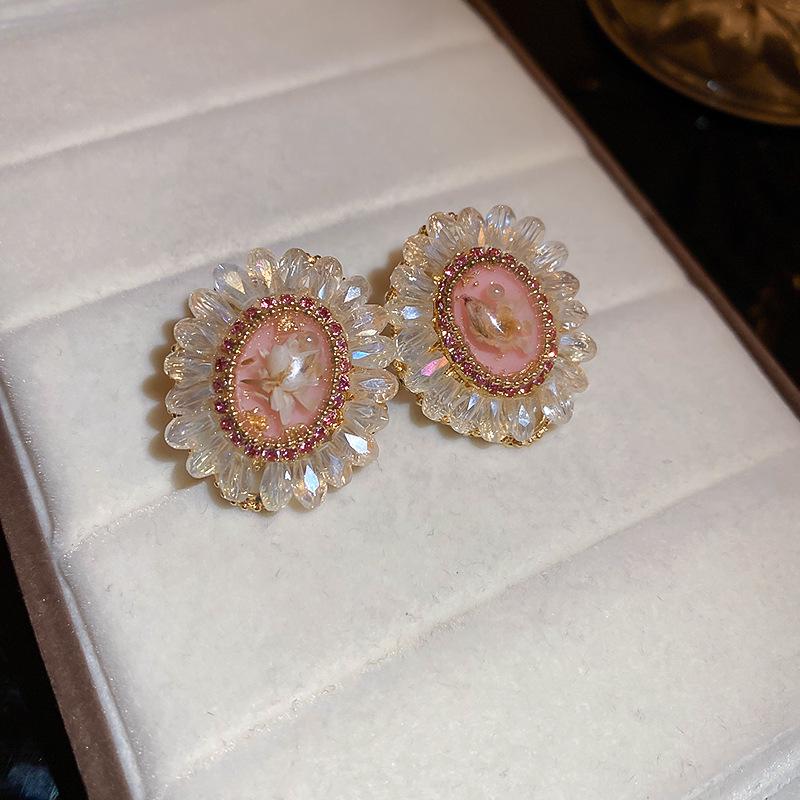 

Срібні сережки з діамантами та рожевими квітами - Ніжний солодкий дизайн у стилі Морі для жінок