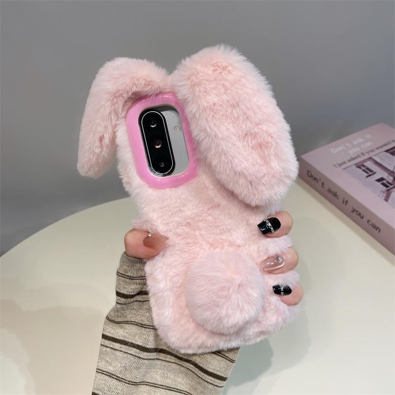 Luxury 3D Rabbit Ears Warm Furry Plush Phone Case For Samsung Galaxy S23 S24 S25 S26 Ultra Plus A56 A54 A55 A36 Shockproof Cover Camera Frame Stand