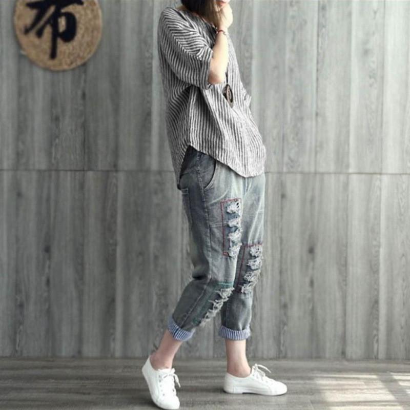Vintage Striped Cotton T Shirt With Print For Casual Women Summer Wear