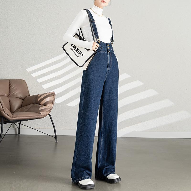 Women s High-Waist Loose Denim Overalls - Autumn Wide-Leg, Slimming, Petite Strappy Trousers 30