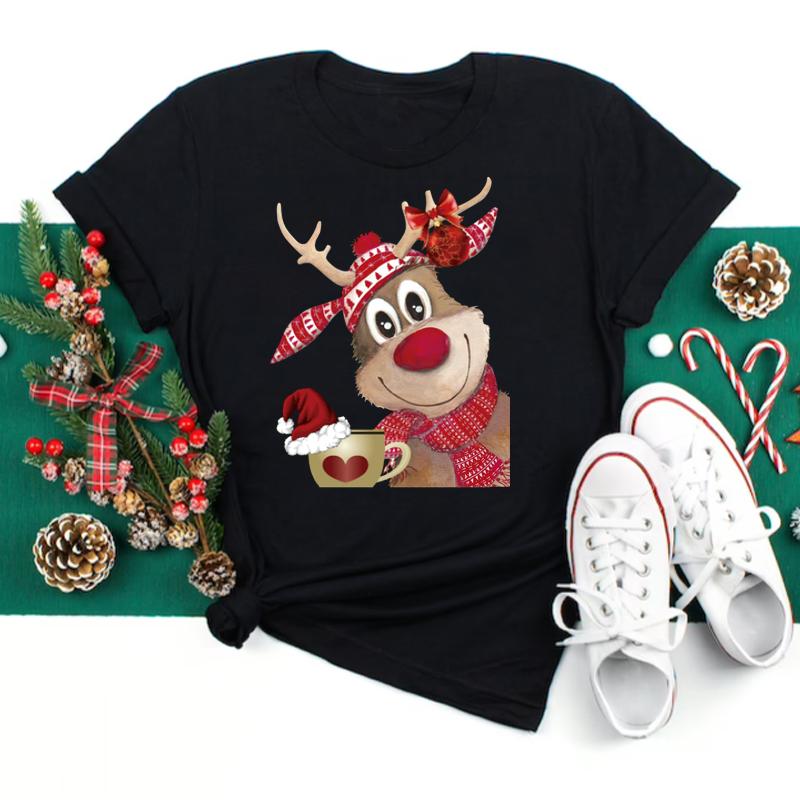 

Merry Christmas Womens Fashion Tops Kawaii Santa Claus with Deer Women ONeck Top Tshirts 90s Girls Lucky Deer Tshirts S