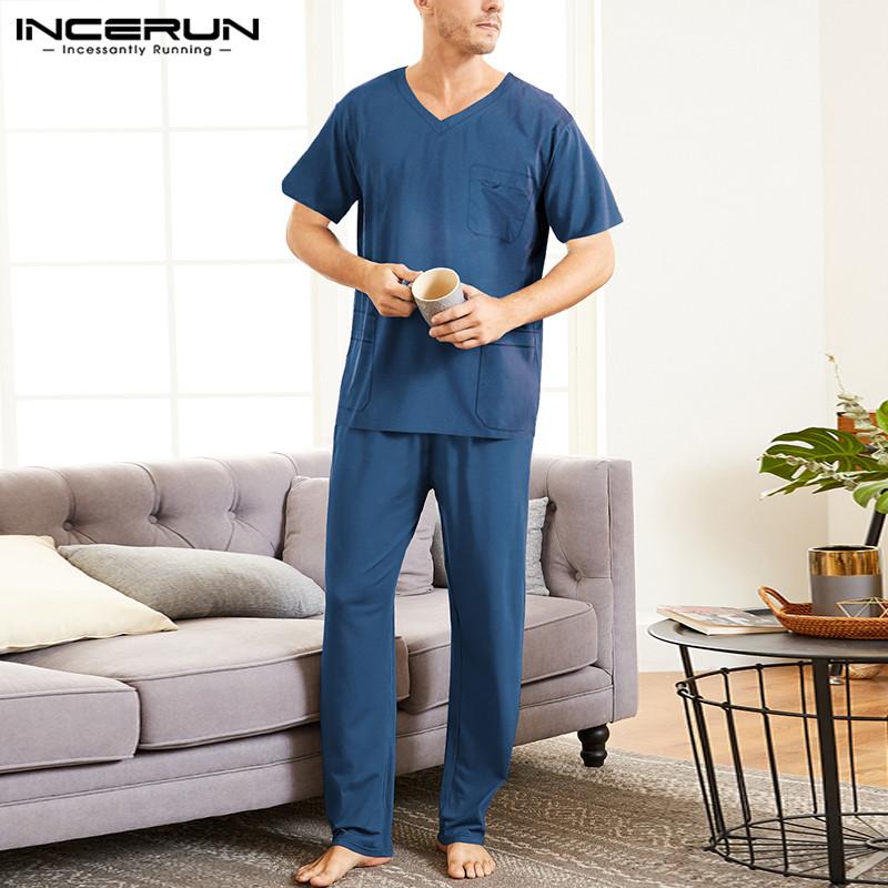 

INCERUN Две части Костюм Мужчины Пижама Комплекты Короткие рукава Топы Длинные брюки Свободная домашняя одежда Пижамы Костюмы