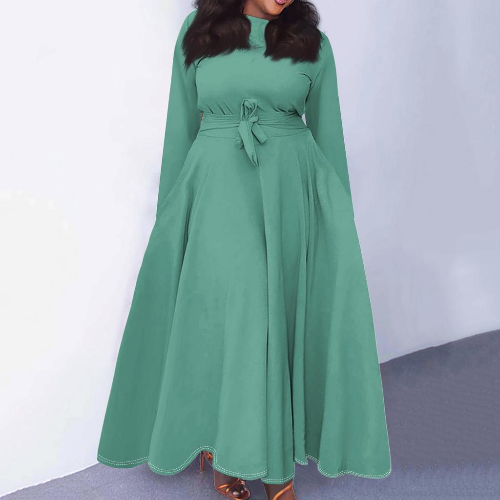 Women's Casual Fashion Large Size Round Neck Long Sleeve Pocket Straps Swing Dress