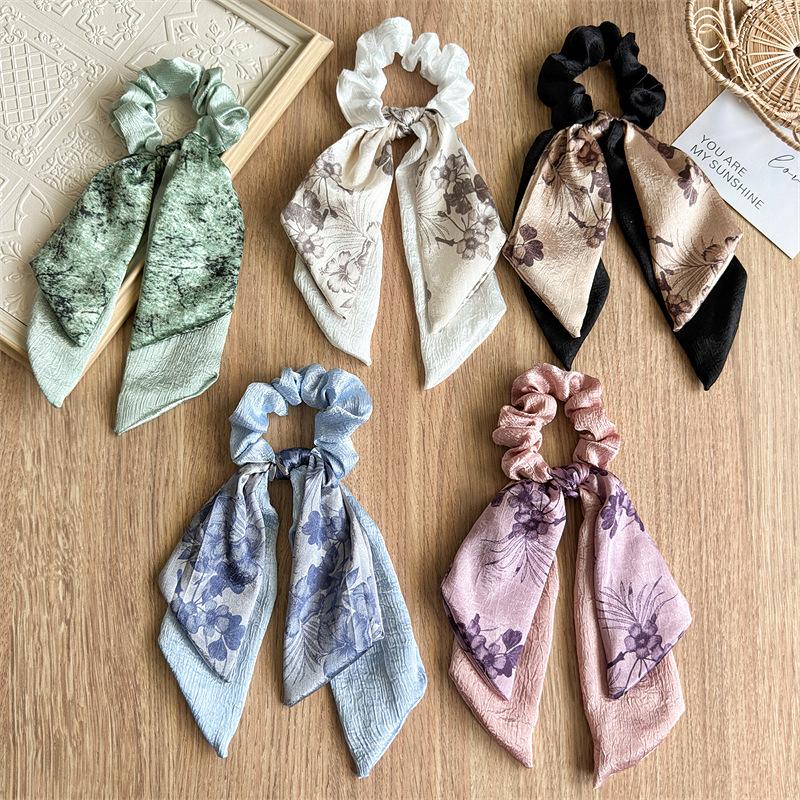 Double-layer Satin Fabric Floral Lace Bow Big Hair Band with Long Tassel Ponytail Hair Tie, A High-end Hair Tie with A Chic Design