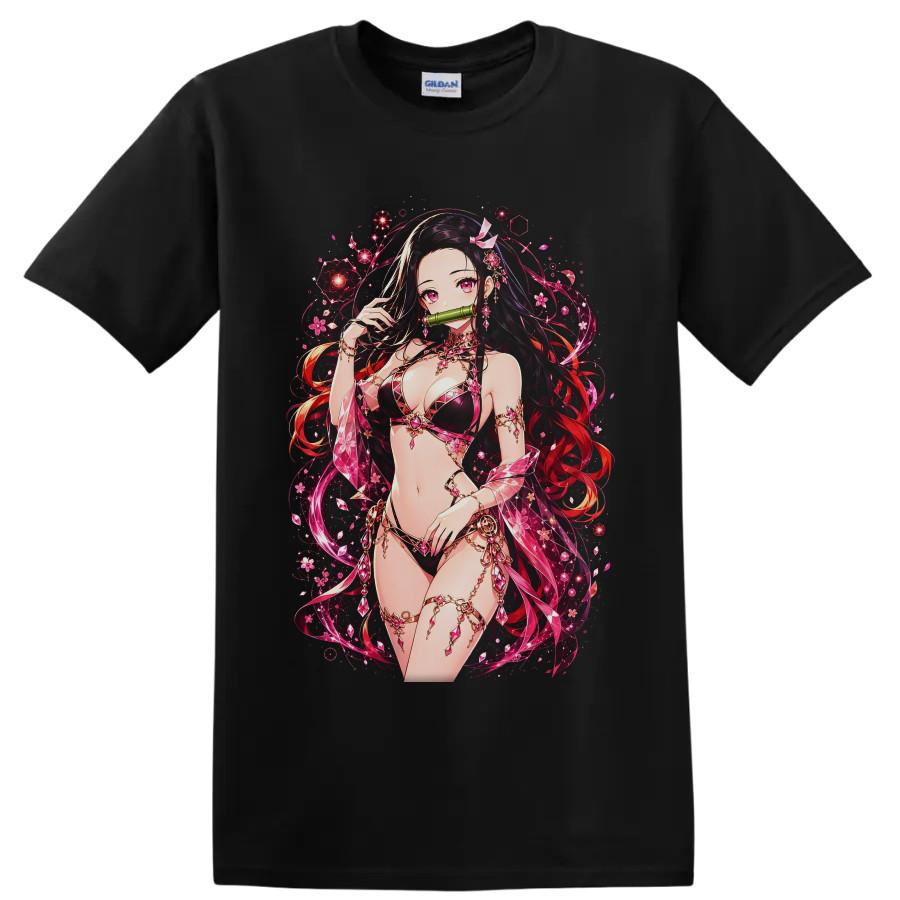 Anime Waifu T Shirt Pink Floral Fantasy Girl w/ Bamboo Muzzle Art Tee Gift Idea