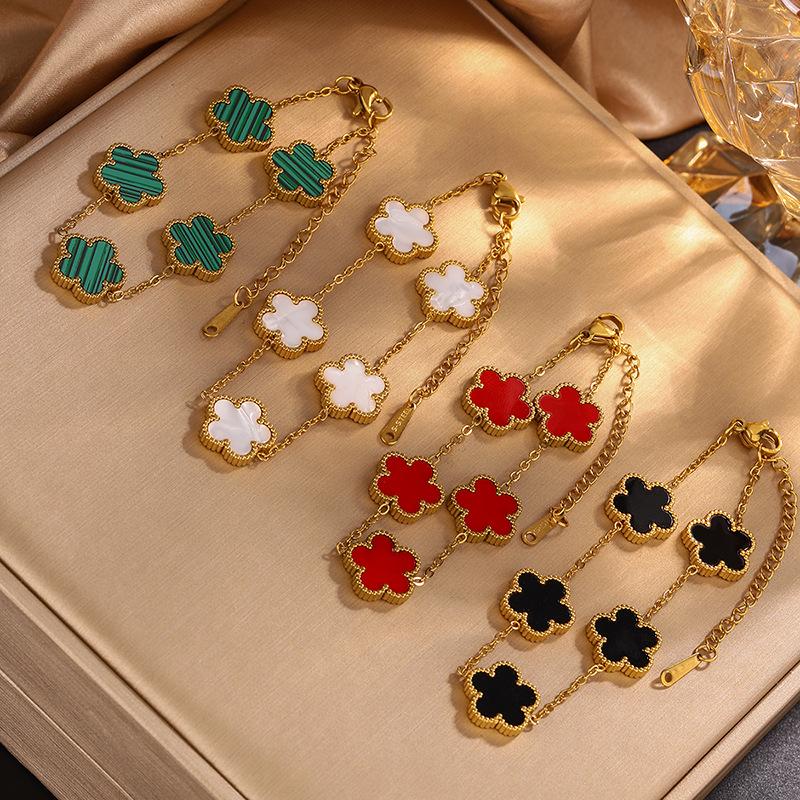 Htpwe Stainless Steel Solid Color Flower Four-leaf Clover Bracelet Women 18k Gold Couple Holiday Gift Bracelet Party Zircon