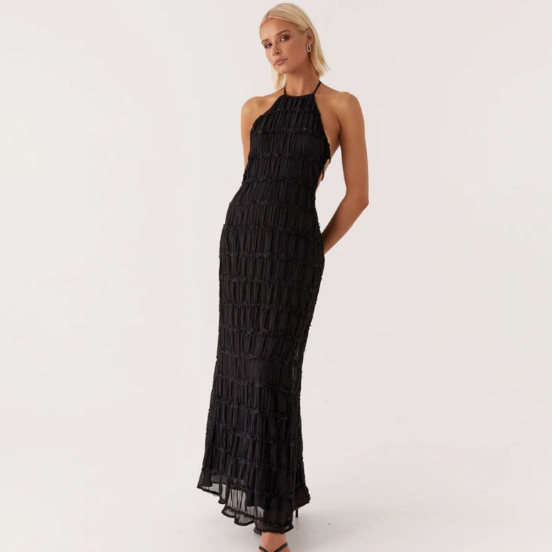 

Western Style Ins New Fashion Hanging Neck Strap Pleat Lace Long dress Sexy Backless Holiday Style A Word Dress Black L