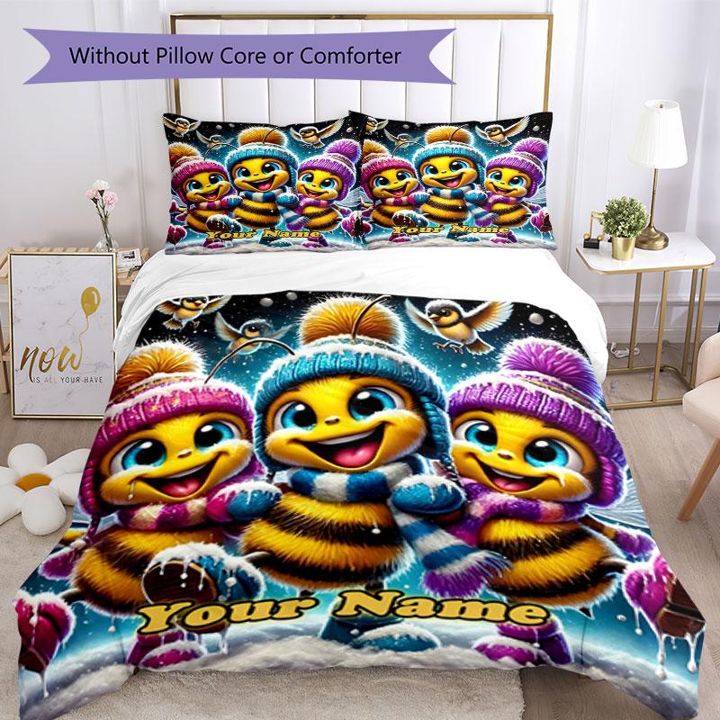 3pcs Custom Name Winter Bees Adventure Bedding Set Printed Bedding Set Duvet Cover Closure Includes 1 Duvet Cover & 2 Pillowcases Bedroom Decor