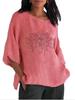 Women Fashion Cotton Linen Blouse Spring&summer Round Neck 3/4 Long Sleeve Shirt Ladies Pullover Loose Tops