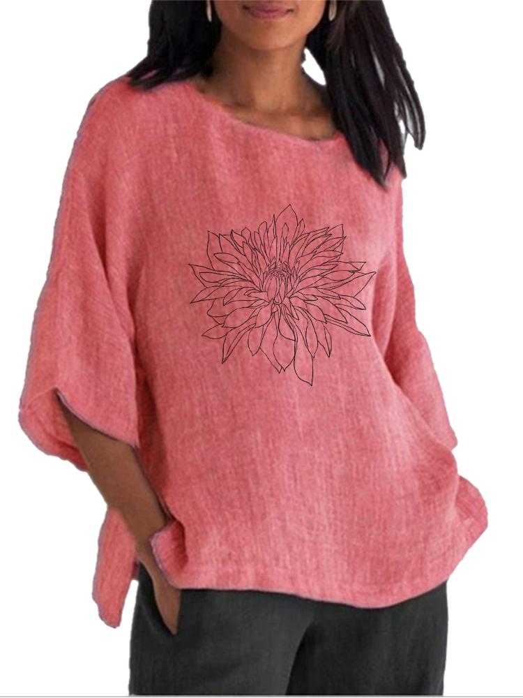 Blusa Feminina Fashion de Algodão e Linho Primavera&Verão Gola Redonda Manga 3/4 Longa Camisa Feminina Pulôver Tops Soltos