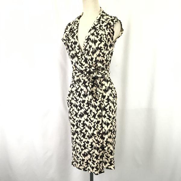 Diane von Furstenberg 100% Silk Sleeveless Knee-Length Wrap Dress 2 M Brown Beige cBH613(USED)