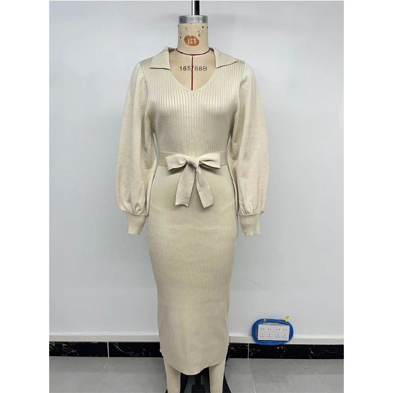 Autumn Winter Women Dress Ladies Sweater Skirt V-neck Knitted Sweater Dress