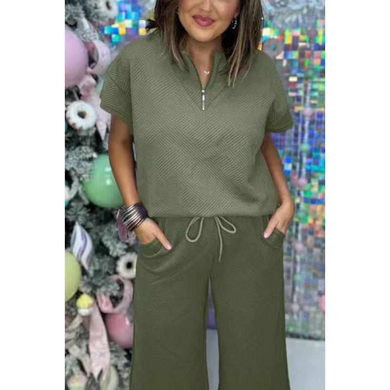 Women's Fashion Casual Summer Spring Solid Color Print Short Sleeve V-Neck Trousers Pants Suits