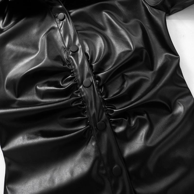 Dámské šaty z matné kůže Elegantní bodycon plisované mini šaty s dlouhým rukávem Párty Stretch PU Slim Y2K šaty do klubů s plným knoflíkem Novinka