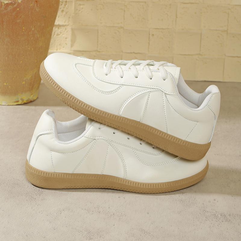 Classic Solid White Pu Lace Up Sneakers Women 2025 Autumn Round Toe Low Heel Non Slip Skateboard Shoes French Retro Casual Shoes