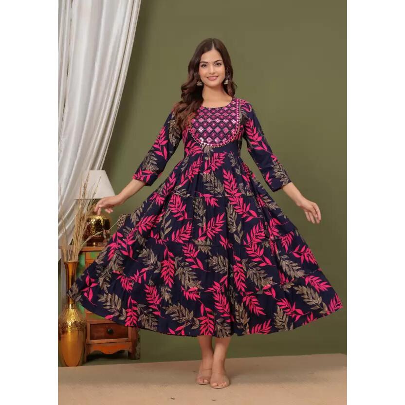 Women Embroidered Rayon Anarkali Kurta Designer Party Wear Top Tunic Kurti Gown SC-21001d