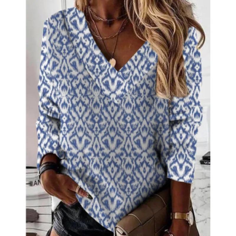 

Топ с V-образным вырезом и 3D-принтом, модные повседневные женские футболки с длинными рукавами 6XL