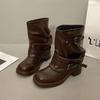 Folded thick heel belt buckle cowboy boots niche knight boots women's short boots retro boots round head trousers western pile