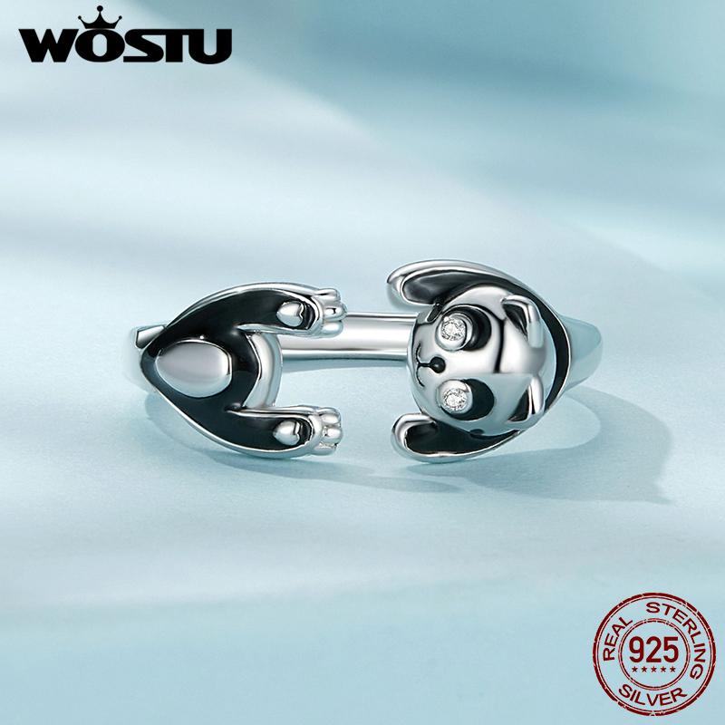 WOSTU 925 Sterling Silver Black&White Panda Open Rings Women Unique Jewelry Cute Chinese Pandas Animal Ring Girl Birthday Gift