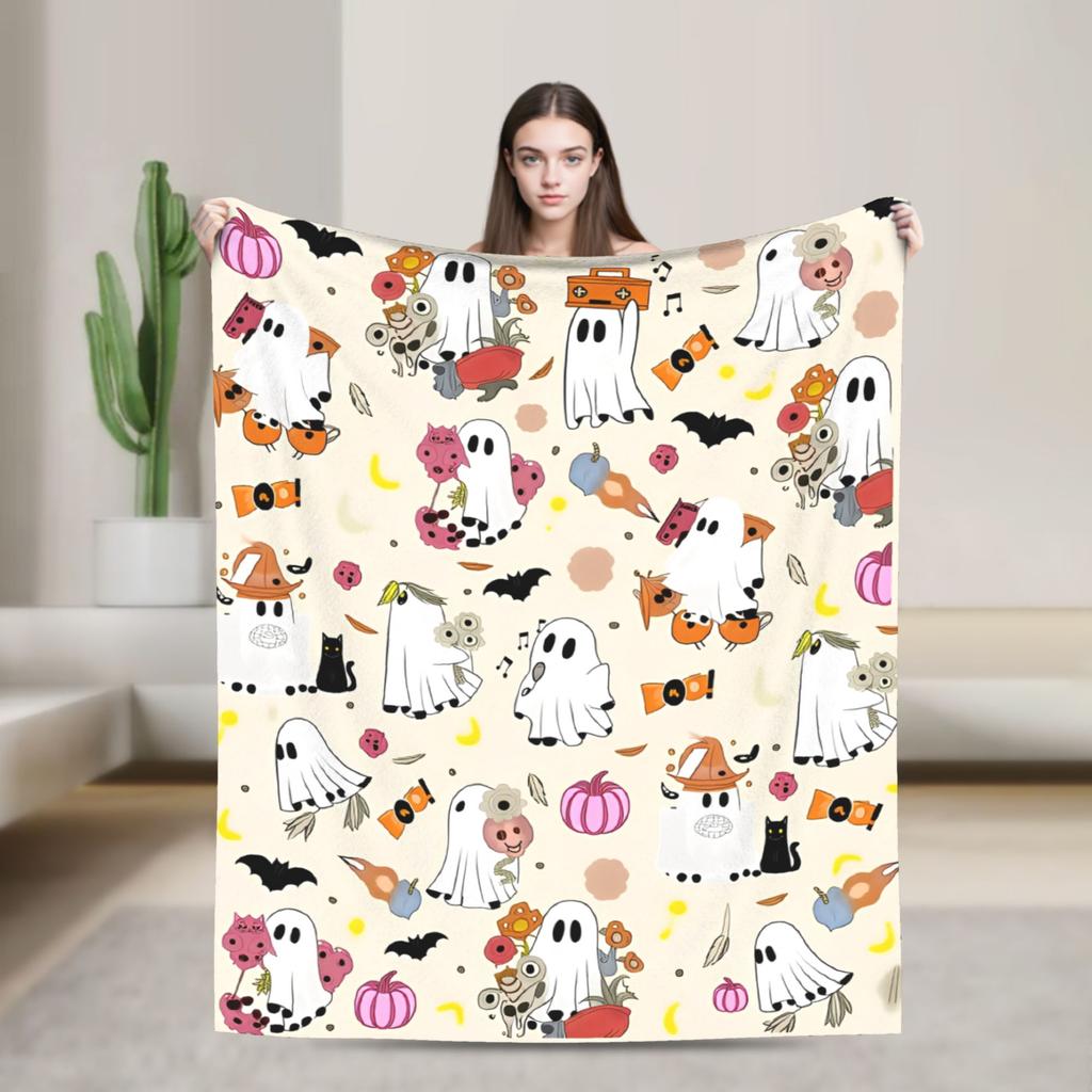 Fall Halloween Ghost Pumpkin Blankets Flannel Print Portable Lightweight Thin Throw Blanket for Sofa Car Plush Thin Quilt