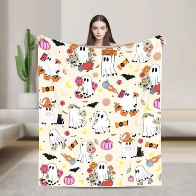 Fall Halloween Ghost Pumpkin  Blankets Flannel Print  Portable Lightweight Thin Throw Blanket for Sofa Car Plush Thin Quilt