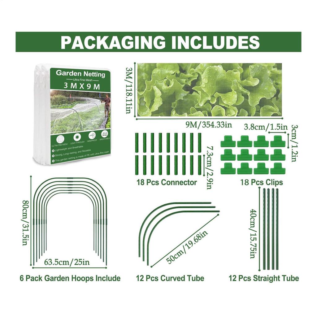 Garden Fine Netting & Gardening Support Rod Kit 10x33ft Sun Shade And Stakes Set Ith Clips Anti-Gnat Garden Plant Netting