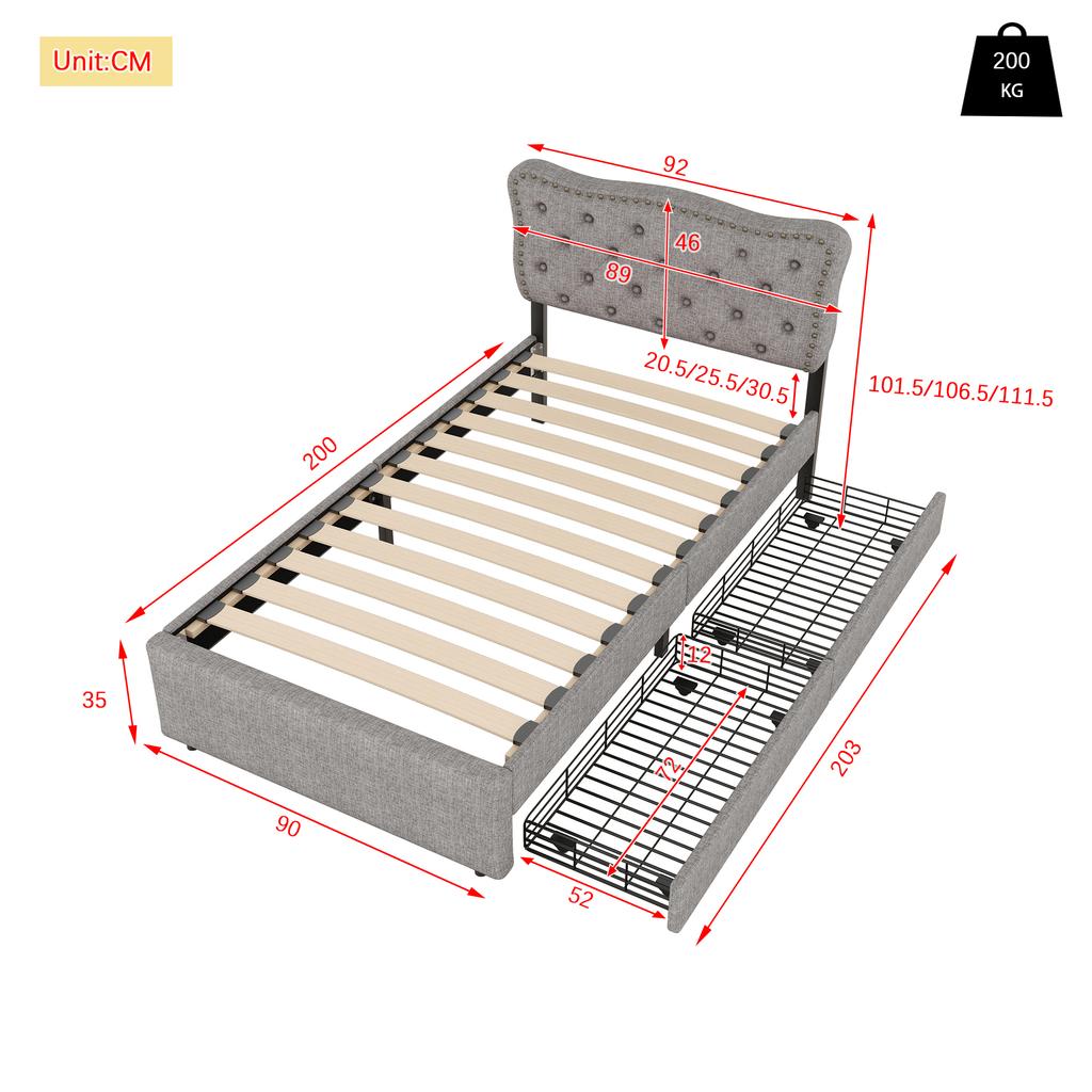 90*200 cm Low Bed, Upholstered Bed, Nightstand Upholstery with Decorative Rivets, Double Drawers, Grey
