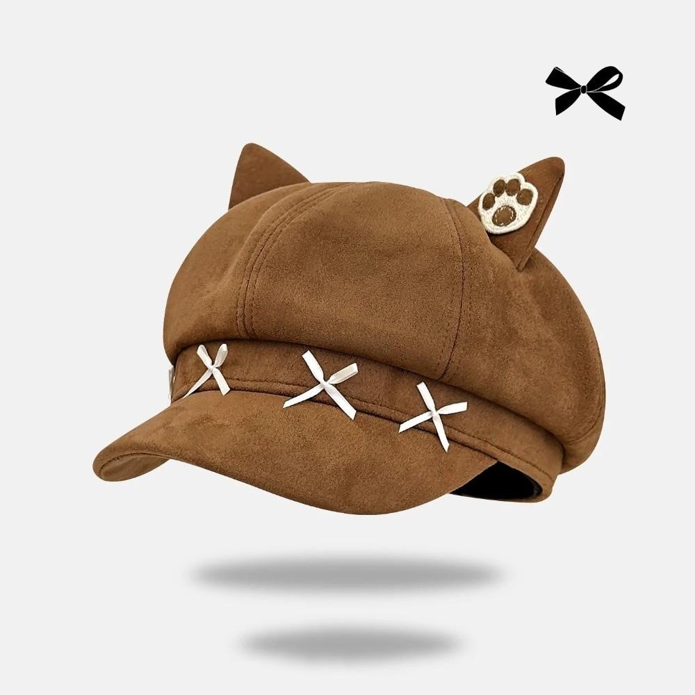 Warm Hat Newsboy Cap Cute Cat Ear Plush Beret New Cat Ears Bow Cap  for Student Wear