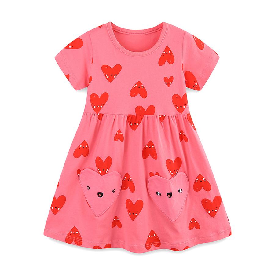 

Girls Summer New Style Short Sleeve Children s Dress Fashion Heart Print Princess Dress 6Y(120cm) красный