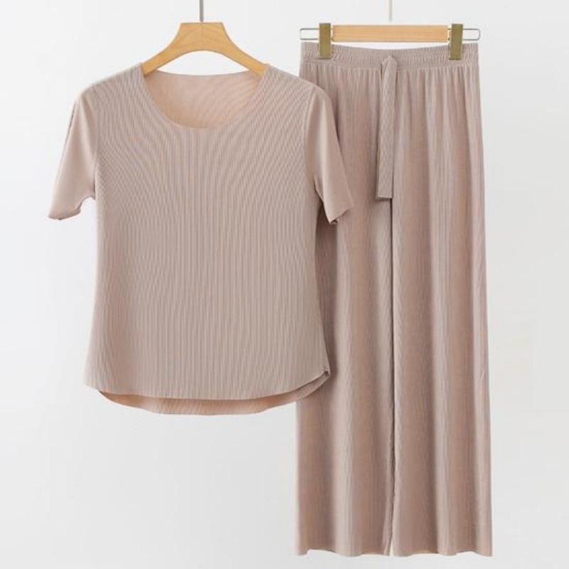 2 Teile/satz Frauen Pyjamas Nahtlose Eis Seide Rundhals Kurzarm Einfarbig Elastische Taille Breite Bein Lose Weiche Atmungsaktive Homewear top Hosen Set