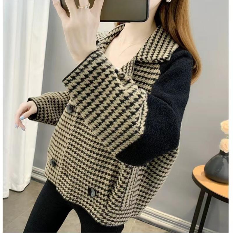 Chaqueta Corta de Moda de Pata de Gallo para Mujer Otoño e Invierno Versátil Holgada con Temperamento Cárdigan Chaqueta Gruesa