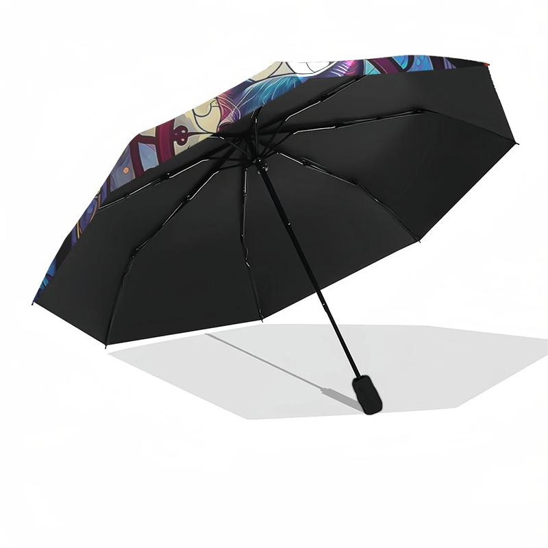 1pc Stained Glass Cat Design Automatic Folding Umbrella - Portable 3-Fold Design with Iron Frame, Outdoor, Ideal Gift for Fans, Travelers, Daily Use.K