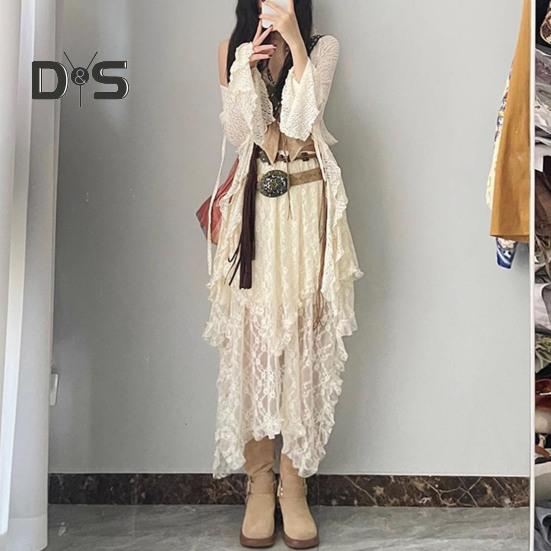 Retro sukně s elastickým vysokým pasem, krajkou a nepravidelným designem, midi sukně ve francouzském stylu, retro výšivka, krajka s květinovou výšivkou