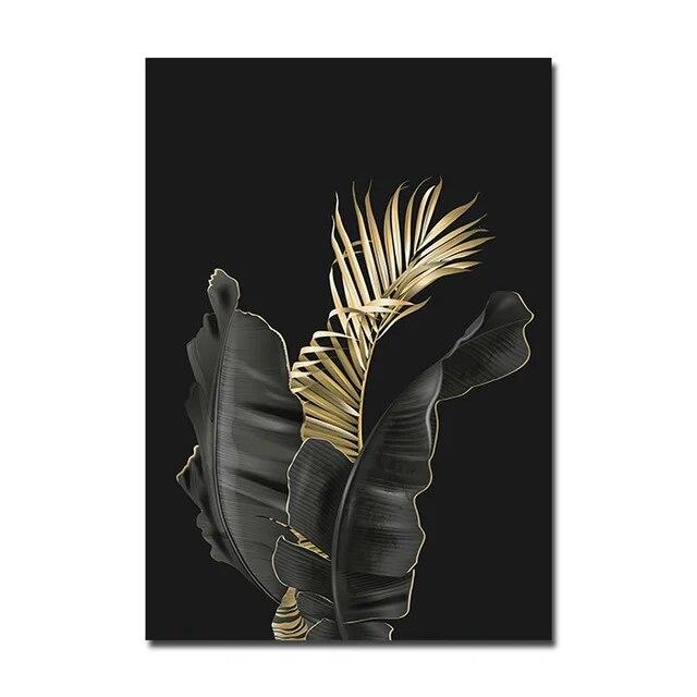 Black Gold Leaves Art Canvas Paintings Modern Plants Flowers Posters and Prints Wall Pictures for Living Room Wall Decor Cuadros