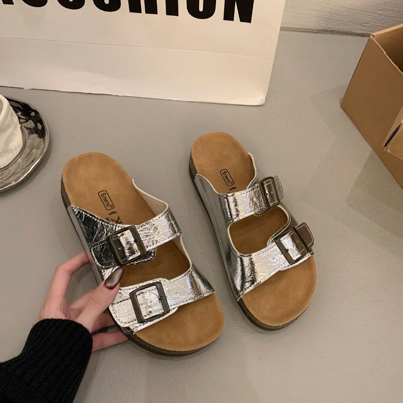 New Retro One-line Casual Beach Shoes for Women with Thick Soles and Soft Leather Slippers