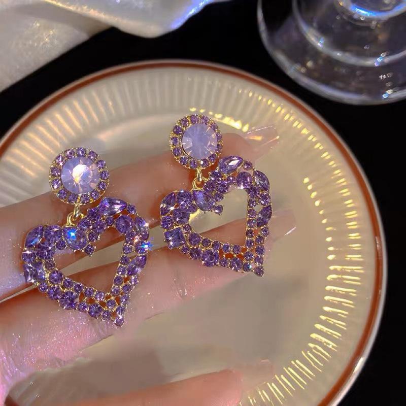 Purple Heart-Shaped Zircon Earrings for Women Exaggerated Magnificent Ear Stud Women