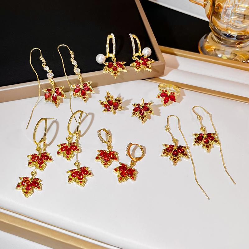 New Year'S Red Zircon Maple Leaf Fringed Earrings Full Of Diamonds Light Luxury Crystal Leaf Earrings