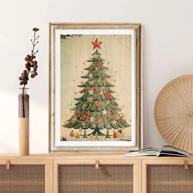 Vintage Rustikal Weihnachten Weihnachtsmann Kiefer Rentier Poster und Drucke Leinwanddruck Wandkunst Bild für Wohnzimmerdekor