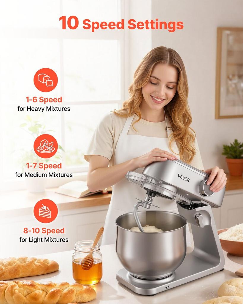 Stand Mixer, 7.4 L Electric Kitchen Mixer, 1800W Dough-Mixer, 10 Speeds Tilt-head Food-Mixer with Stainless Steel Bowl, Dough Hook, Whisk, Beater, for