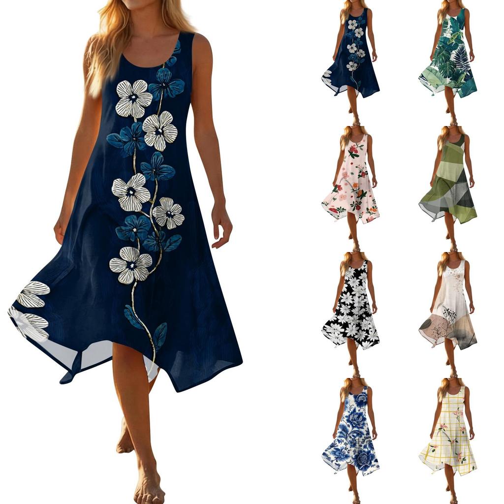 Women's Casual Sleeveless Floral Midi Dress, Round Neck Irregular Hem Summer Dress