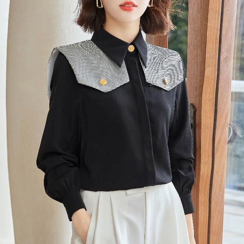 

Офисный леди клетчатая шаль однотонная рубашка весна осень стильная водолазка женская одежда шикарная пуговица длинный рукав блузка XXL чёрный