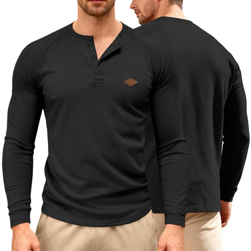 Men's American Casual Waffle Knit Henley T Shirt, Long Sleeve Raglan Button Quick Dry Thin Top for Spring Autumn