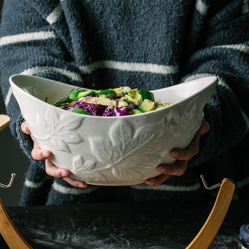 Tiefe Hängende Keramik-Salatschüssel Und Bambus-Salatschüssel Mit Ständer Dekorative Obstschale Mit Löffel | Schüsseln