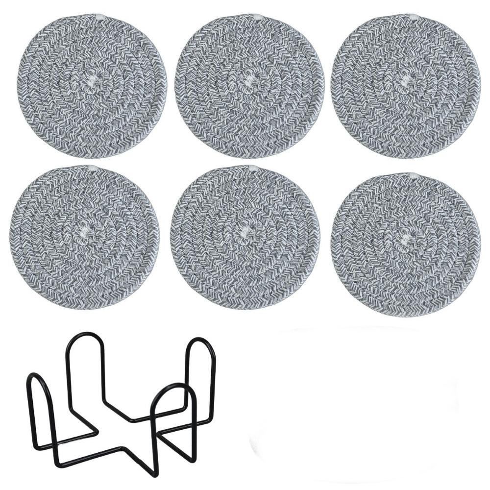 6Pcs Heat-resistant Woven Round  Coaster Set with Holder Tableware Mat Cup Coaster  Household