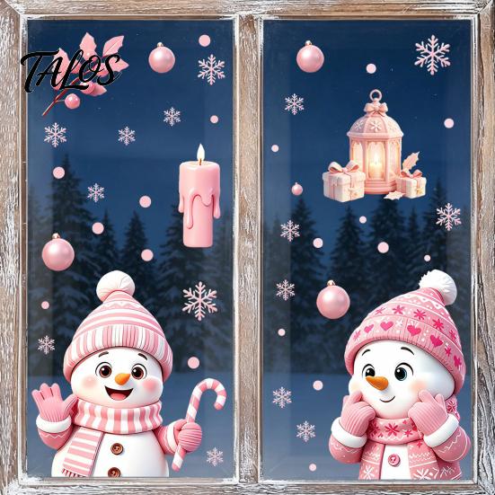 Decorative Snowflake Wall Decals Christmas Snowman Static Glass Stickers, Pink Decals, Waterproof PVC Holiday Seasonal Window Art Clings for