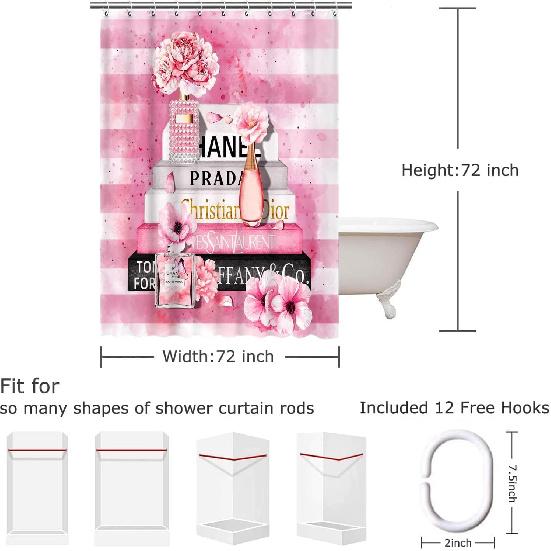 Fashion Luxury Girly Shower Curtain Pink Floral Shower Curtains Perfume Waterproof Polyester Fabric Shower Curtains for Bathroom Decor with 12 Hooks,