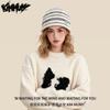 KimMumyins Striped Knitted Hat Girls Autumn and Winter Warm Curled Edge Cold Hat Versatile Plain Wool Hat