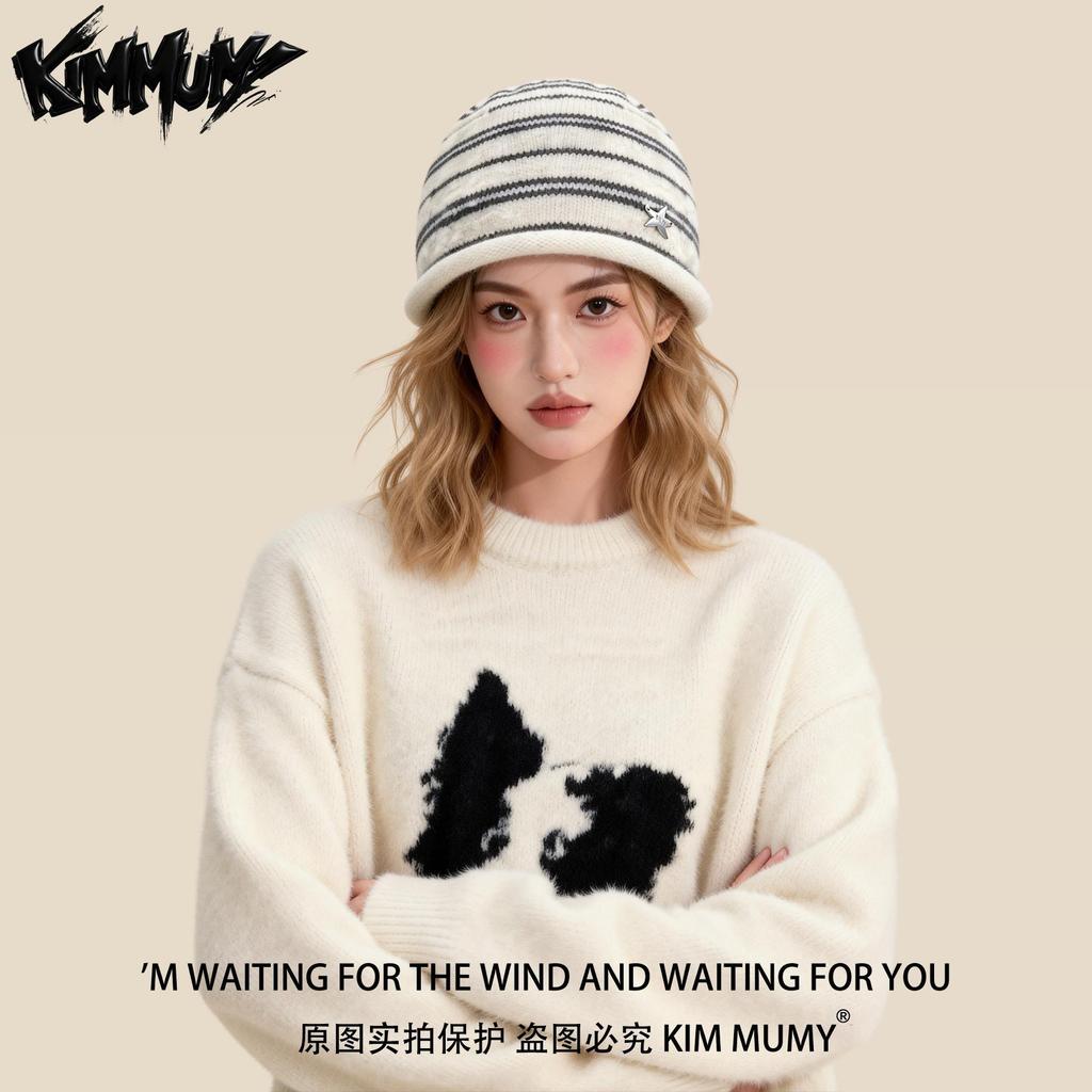KimMumyins Striped Knitted Hat Girls Autumn and Winter Warm Curled Edge Cold Hat Versatile Plain Wool Hat